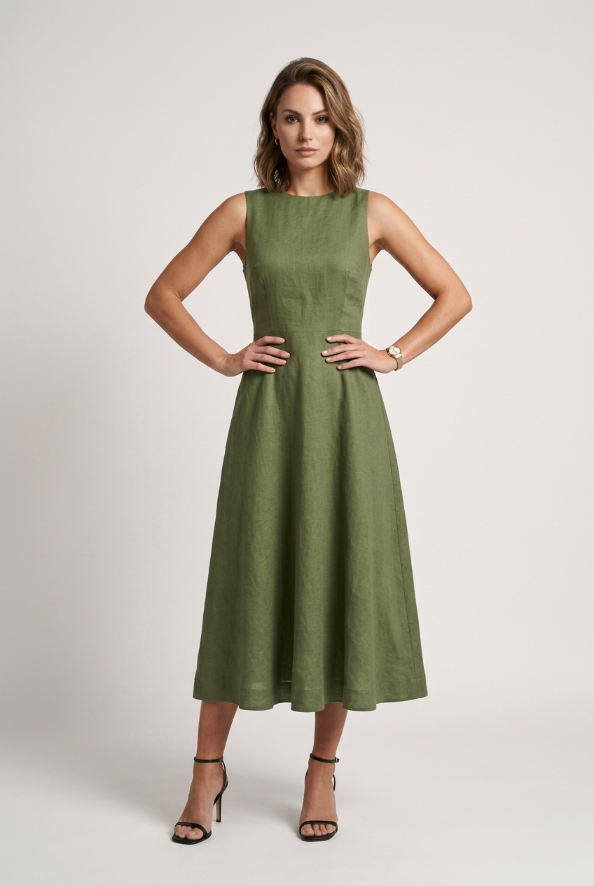 A woman modeling a sleeveless olive green midi dress with a high neckline and flared skirt, paired with black strappy high-heeled sandals against a light gray studio background.