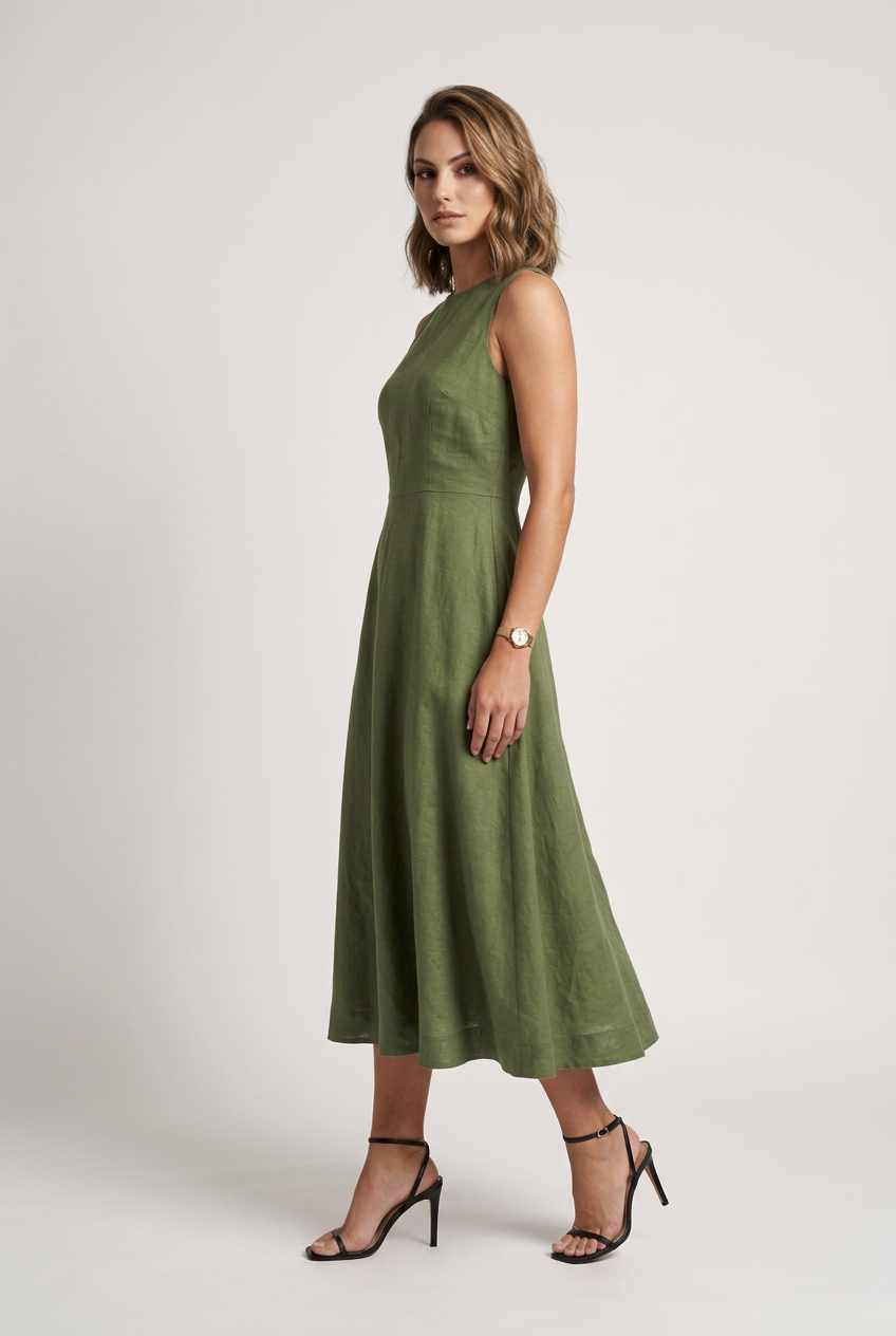 A woman modeling a sleeveless olive green midi dress with a high neckline and flared skirt, paired with black strappy high-heeled sandals against a light gray studio background.