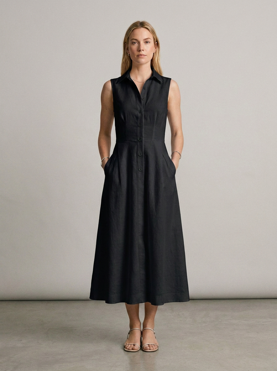 Sleeveless Stand Collar Button-Front Maxi Dress with Pockets in Black