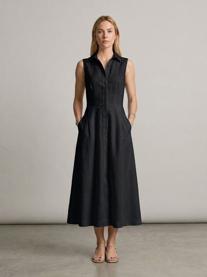 Sleeveless Stand Collar Button-Front Maxi Dress with Pockets in Black