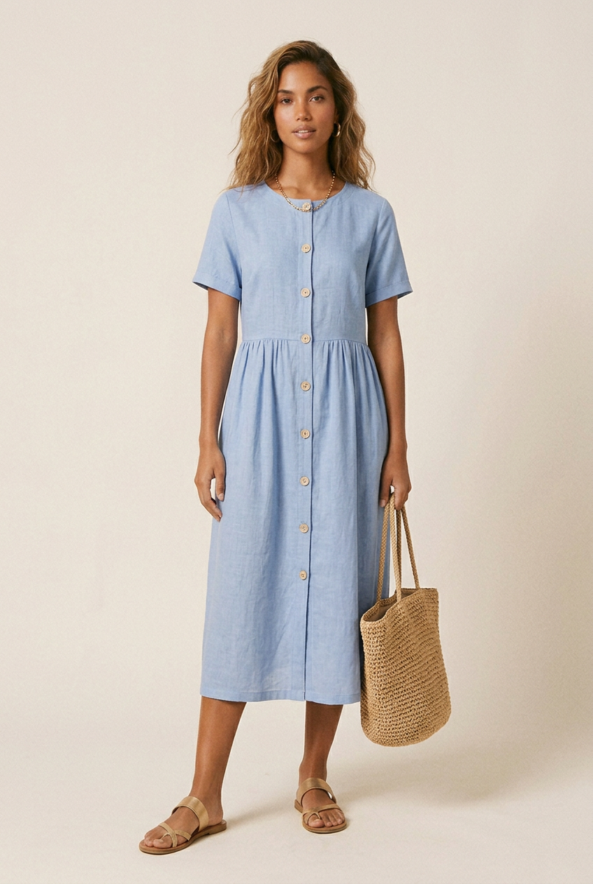 A woman modeling a light blue short-sleeve midi dress with a button-down front, carrying a large woven straw tote bag, against a plain beige studio background.