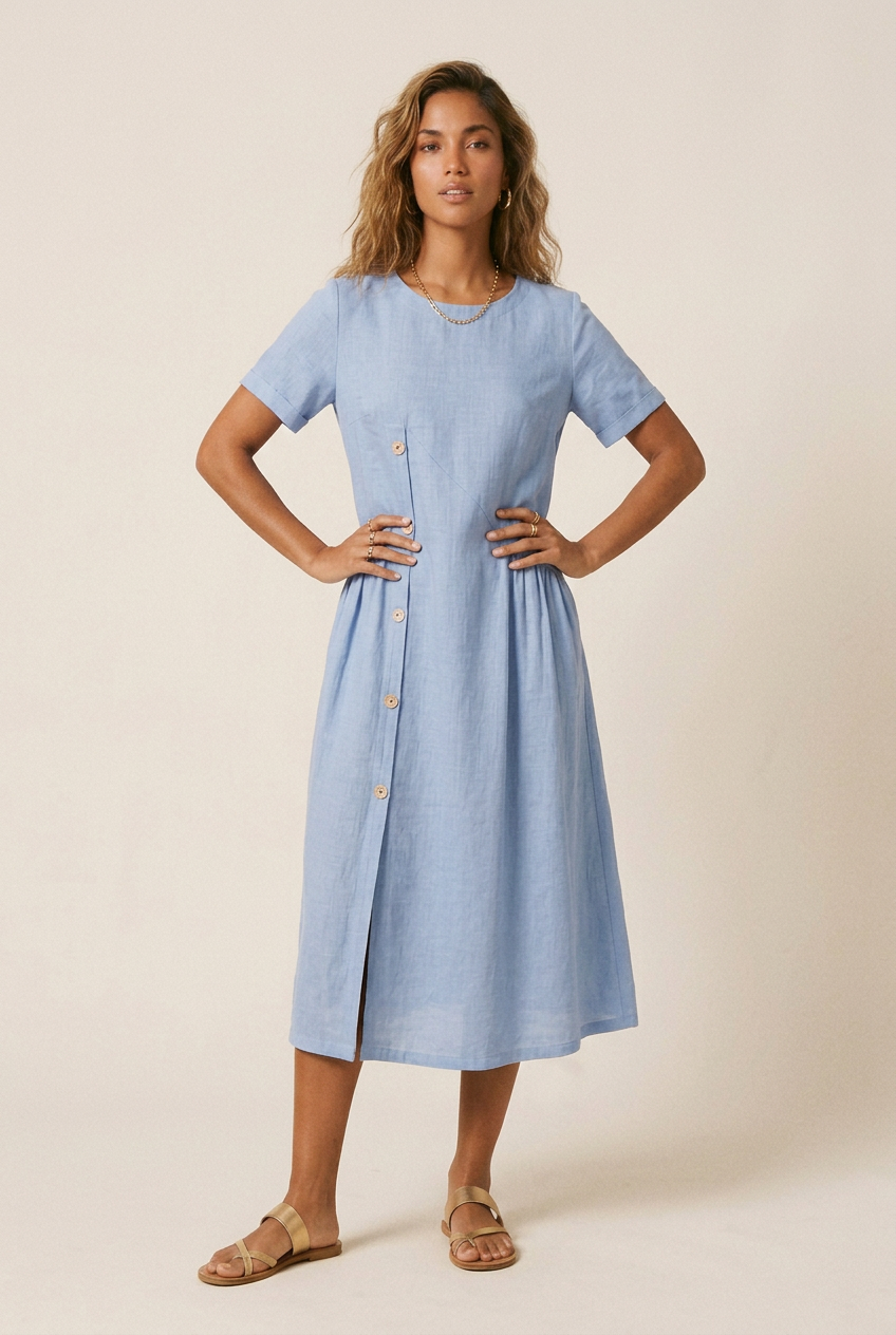 A woman modeling a light blue short-sleeve midi dress with a button-down front, carrying a large woven straw tote bag, against a plain beige studio background.