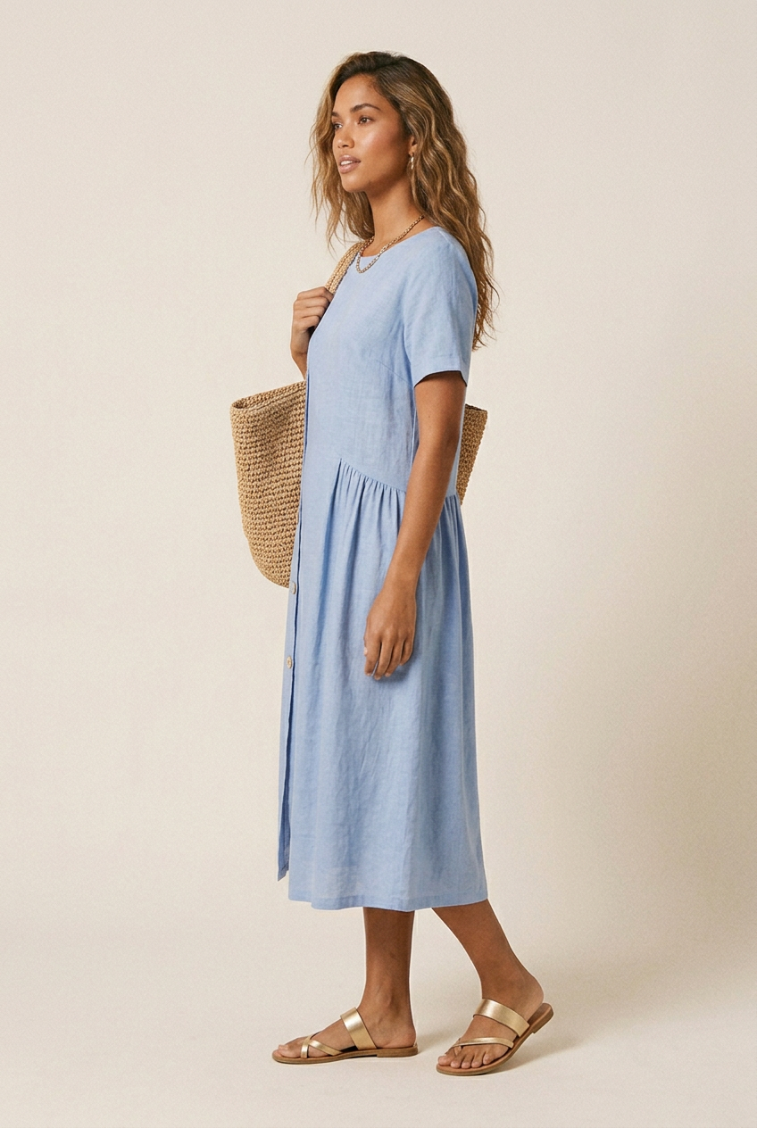 A woman modeling a light blue short-sleeve midi dress with a button-down front, carrying a large woven straw tote bag, against a plain beige studio background.