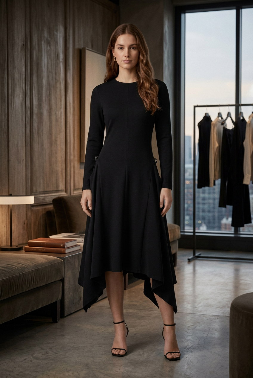 A woman modeling a black long-sleeve midi dress with an asymmetrical high-low hem and side tie details, paired with black strappy heels, against a light gray studio background.