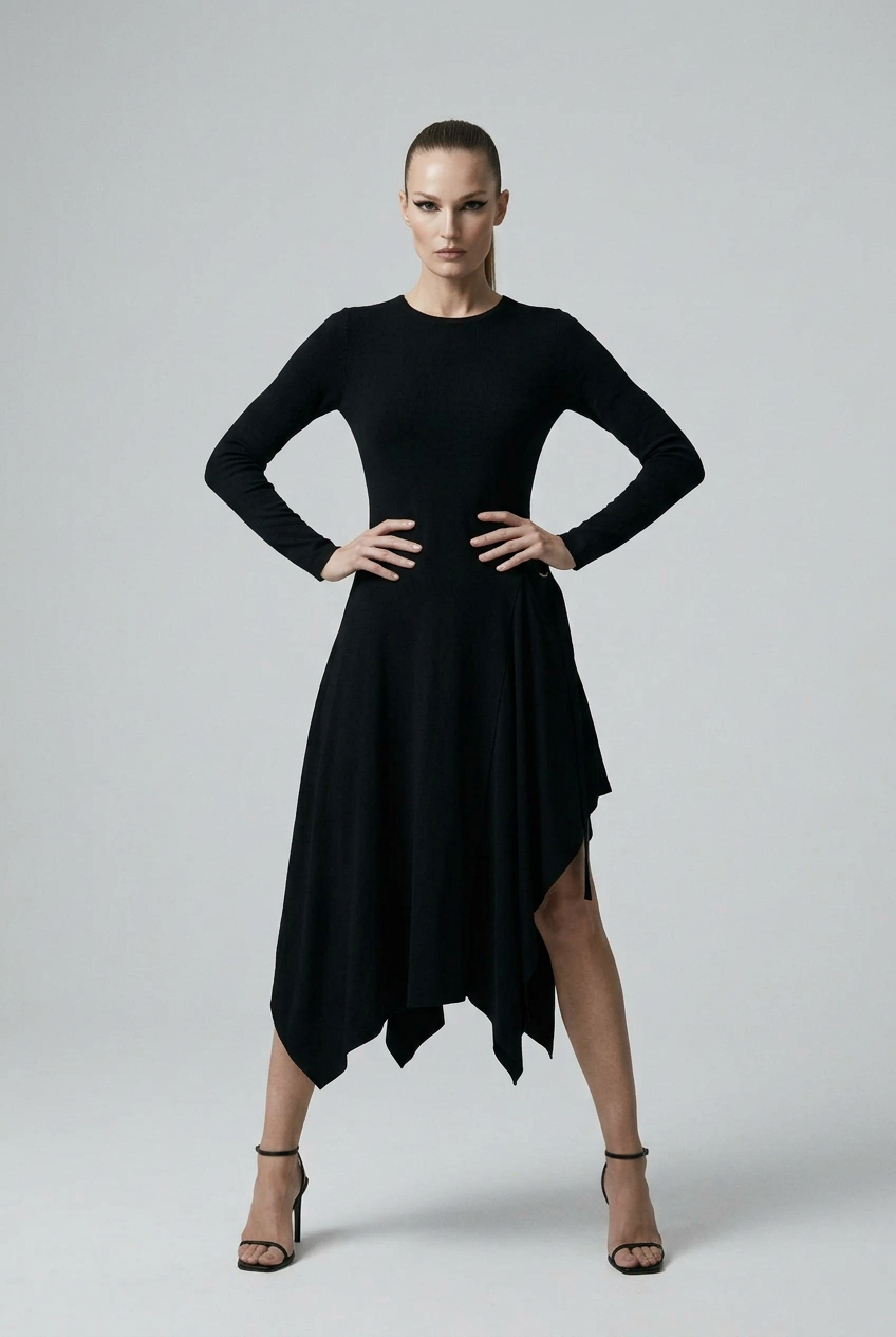 A woman modeling a long-sleeve black high-low dress with a cinched waist and flowing skirt, paired with black strappy heels, against a light gray studio background.