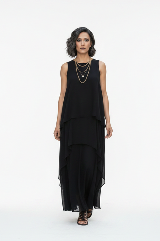 A woman walks down a city street wearing a sleeveless black layered maxi dress with a flowing asymmetrical hem and black strappy sandals.