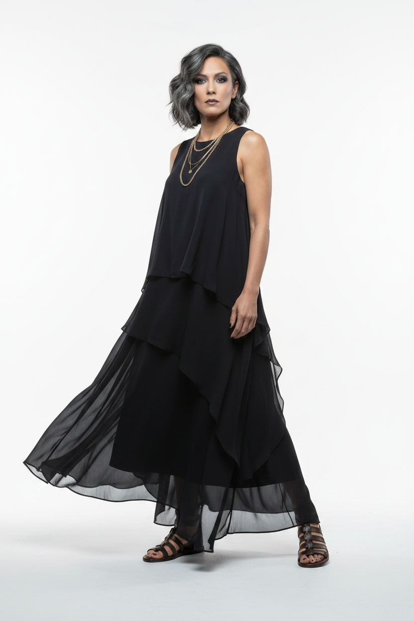 A woman modeling a sleeveless black tiered maxi dress with a flowing sheer overlay skirt, styled with layered gold necklaces and brown strappy sandals against a plain white studio background.