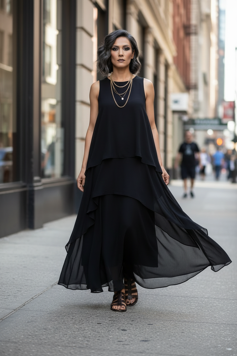 A woman walks down a city street wearing a sleeveless black layered maxi dress with a flowing asymmetrical hem and black strappy sandals.