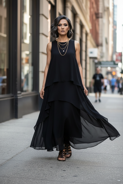 A woman walks down a city street wearing a sleeveless black layered maxi dress with a flowing asymmetrical hem and black strappy sandals.