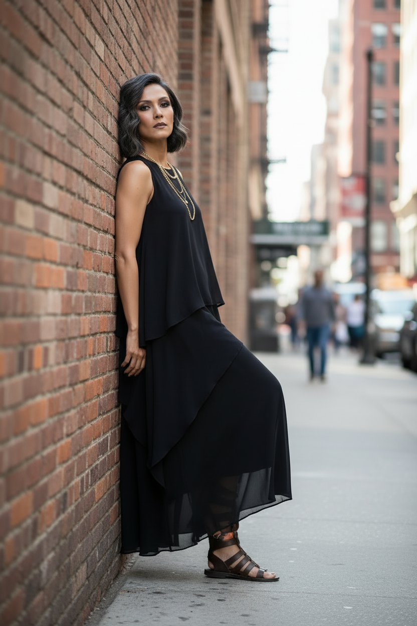 A woman walks down a city street wearing a sleeveless black layered maxi dress with a flowing asymmetrical hem and black strappy sandals.