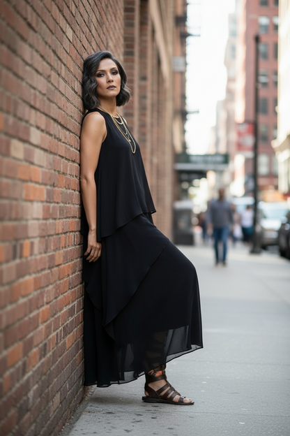 A woman walks down a city street wearing a sleeveless black layered maxi dress with a flowing asymmetrical hem and black strappy sandals.