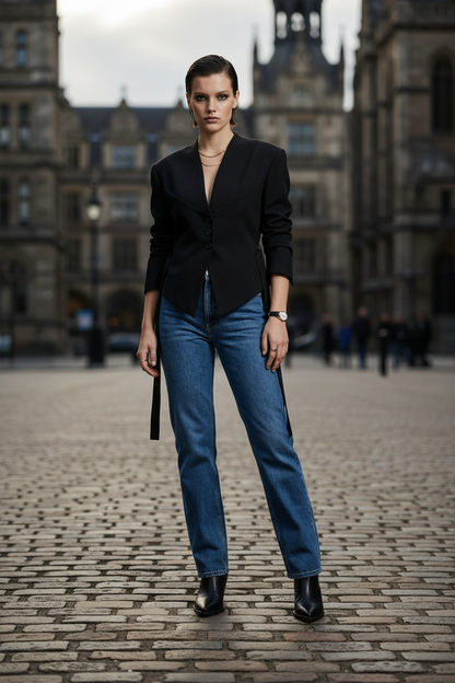 A model stands against a plain light beige studio background wearing a black asymmetrical blazer with side ties, blue jeans, and black ankle boots.