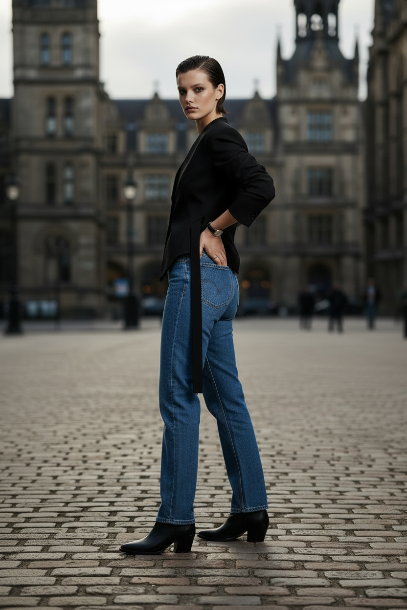 A model stands on a cobblestone street in front of a historic stone building, wearing a black structured blazer, blue jeans, and black ankle boots.