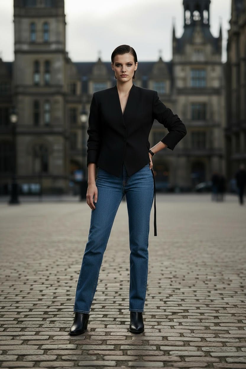 A model stands in profile on a cobblestone plaza wearing a black blazer, blue jeans, and black ankle boots, with a blurred historic stone building in the background.
