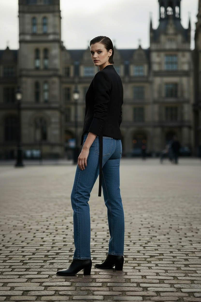 A model stands on a cobblestone plaza in front of a grand historic building, wearing a black structured blazer, blue jeans, and black ankle boots.