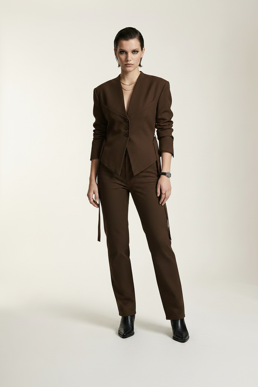 Asymmetrical V-Neck Blazer with Side Tie Detail in Dark Brown, studio shot