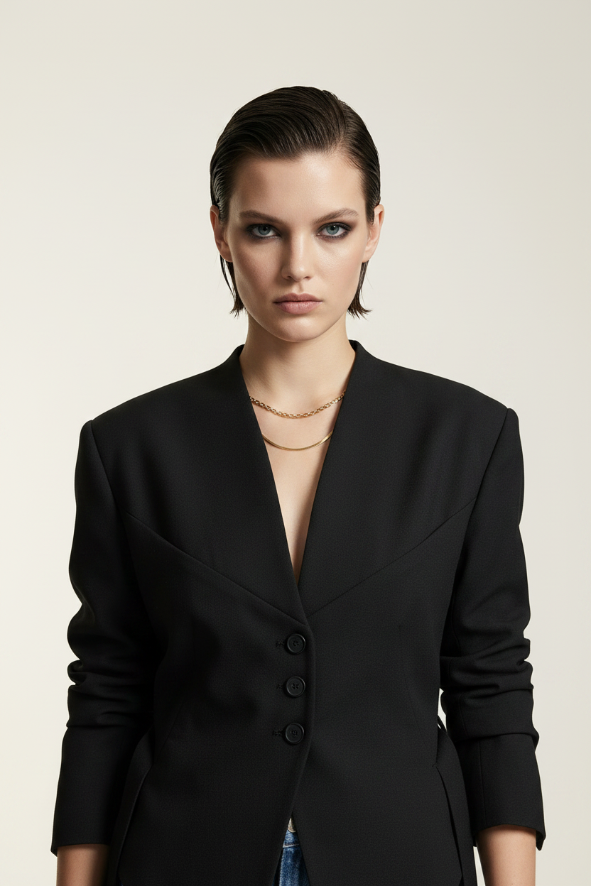 A model stands against a plain light beige studio background wearing a black asymmetrical blazer with side ties, blue jeans, and black ankle boots.
