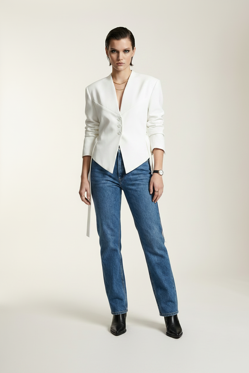 Asymmetrical V-Neck Blazer with Side Tie Detail in White, studio shot
