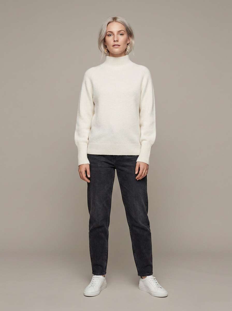 A woman stands against a plain warm gray studio background wearing a cream mock-neck knit sweater, dark charcoal jeans, and white sneakers.