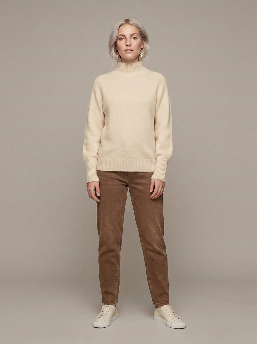A woman stands against a plain warm gray studio background wearing a cream turtleneck sweater, brown corduroy trousers, and white sneakers.