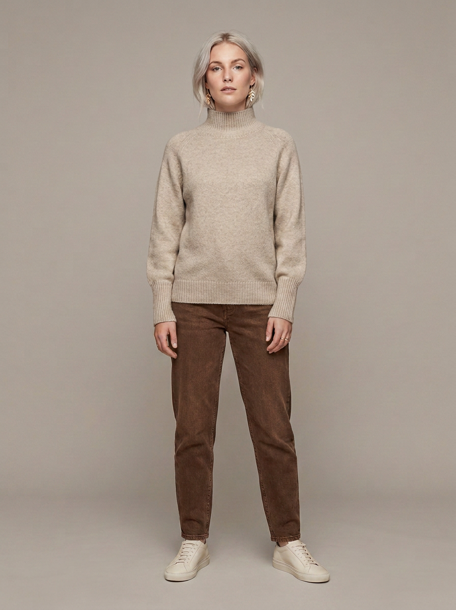 A woman stands against a plain warm gray studio background wearing a light beige knit mock-neck sweater, brown corduroy trousers, and off-white sneakers.