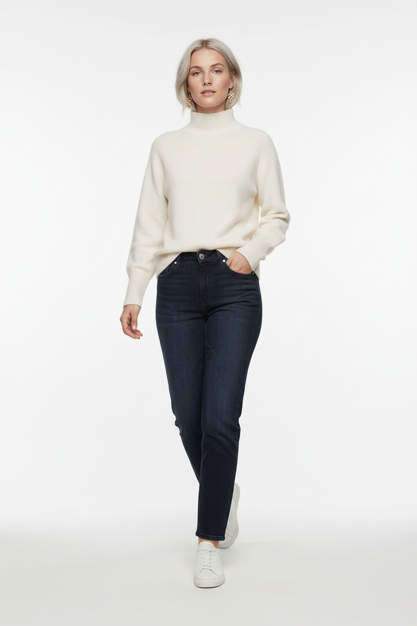 A woman stands against a plain warm gray studio background wearing a cream mock-neck knit sweater, dark charcoal jeans, and white sneakers.