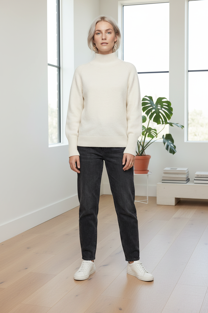A woman stands against a plain warm gray studio background wearing a cream mock-neck knit sweater, dark charcoal jeans, and white sneakers.