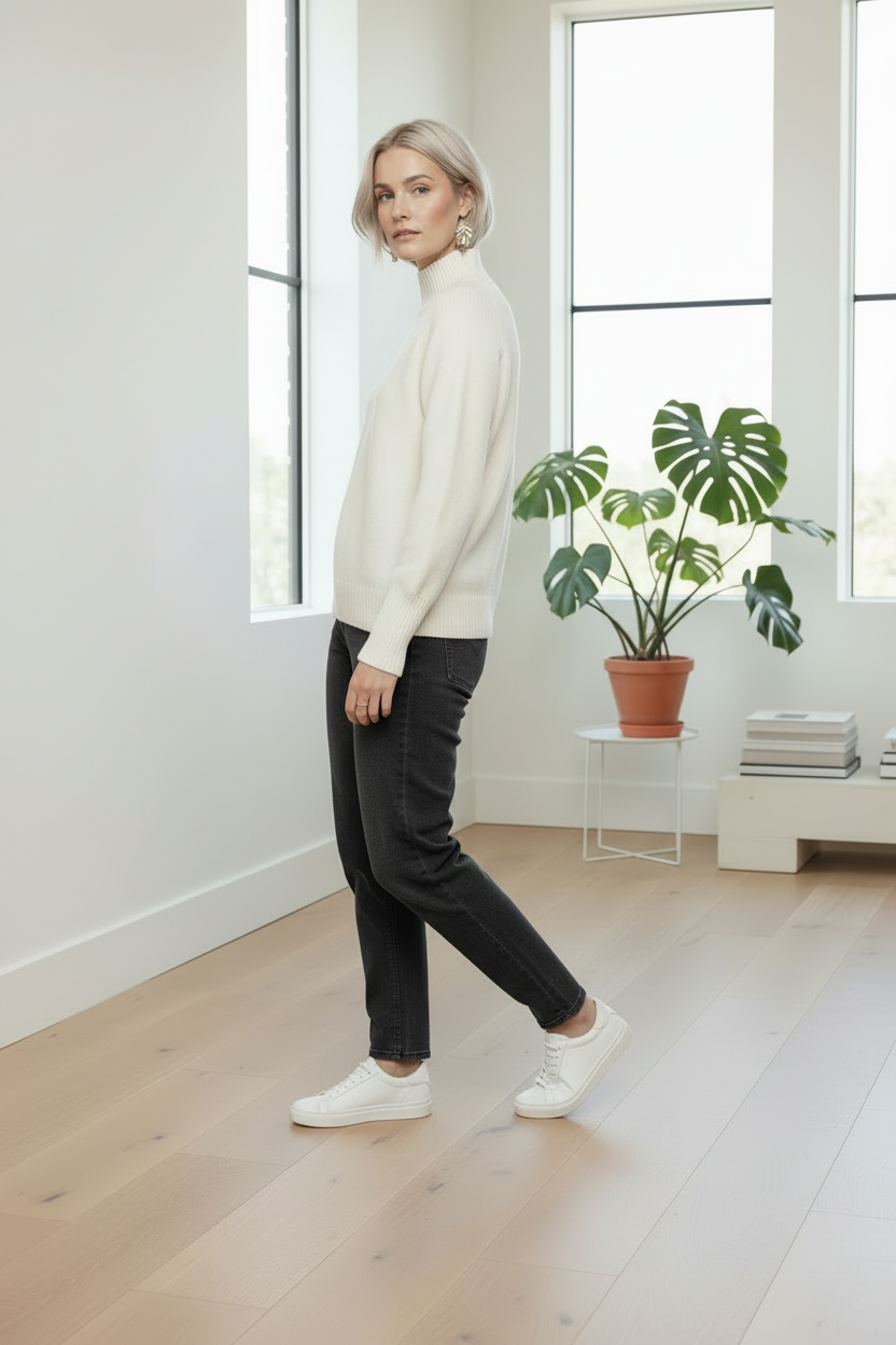 A woman wearing a cream mock-neck knit sweater, black slim-fit jeans, and white sneakers walks across a light wood floor in a bright, modern room with large windows and a potted plant.