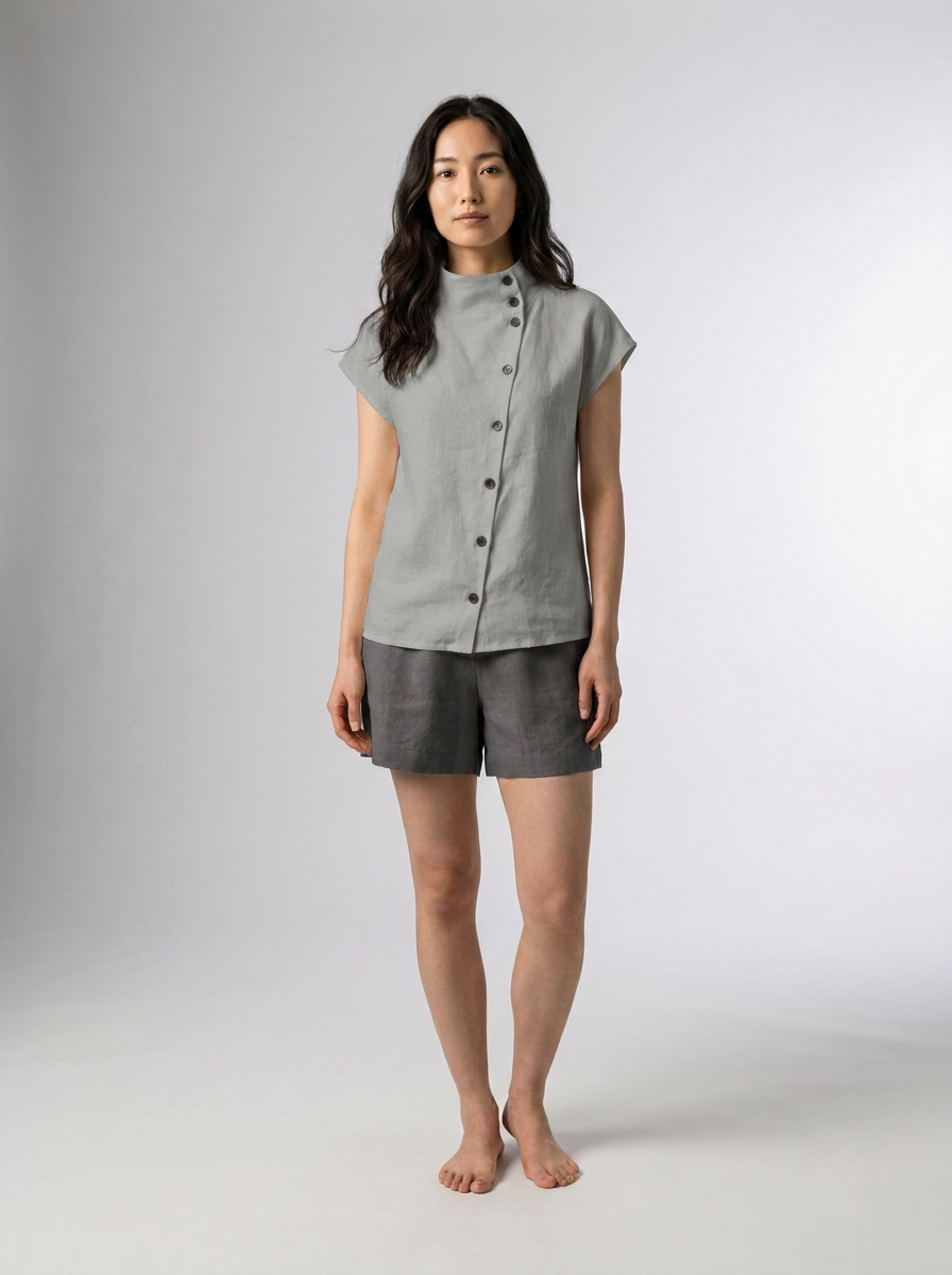 Relaxed Cotton Linen Stand Collar Blouse with Asymmetric Button Detail in Grey