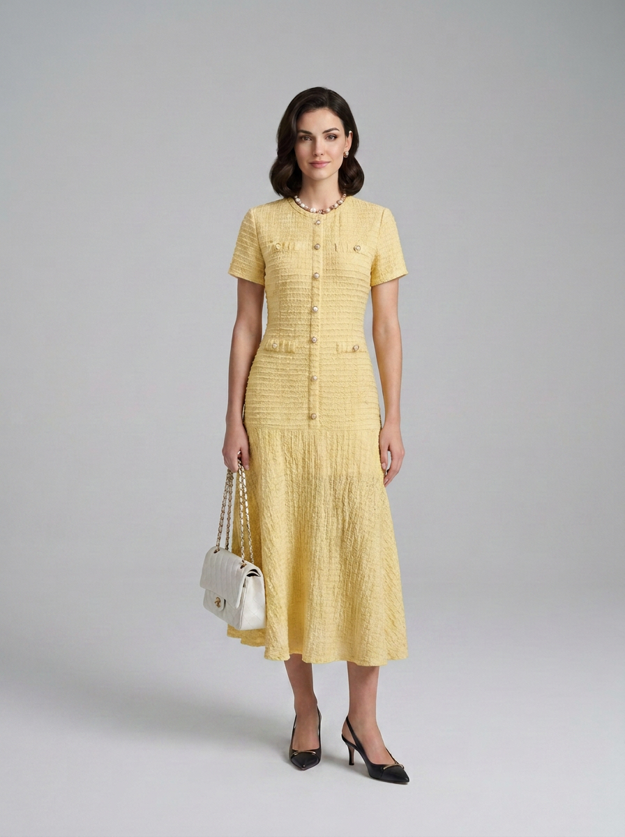 Button-Front Textured Tweed Midi Dress with Tiered Skirt in Beige White