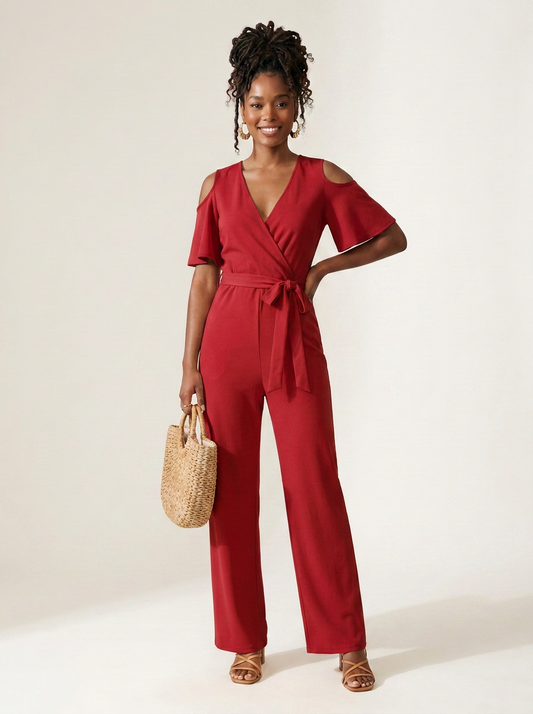 Off-Shoulder Wide Leg Jumpsuit with Wrap V-Neck and Belted Waist in Red, front view