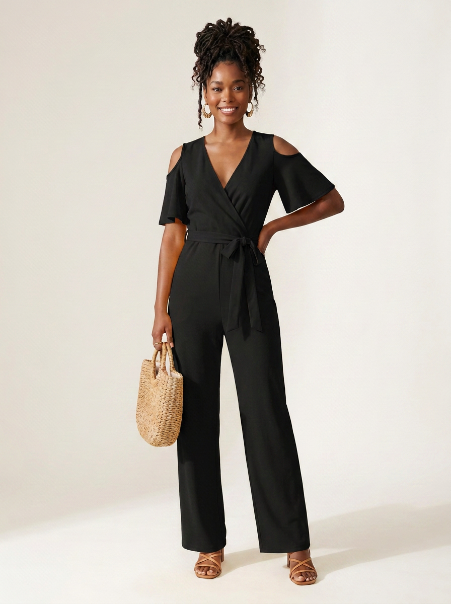 Off-Shoulder Wide Leg Jumpsuit with Wrap V-Neck and Belted Waist in Black