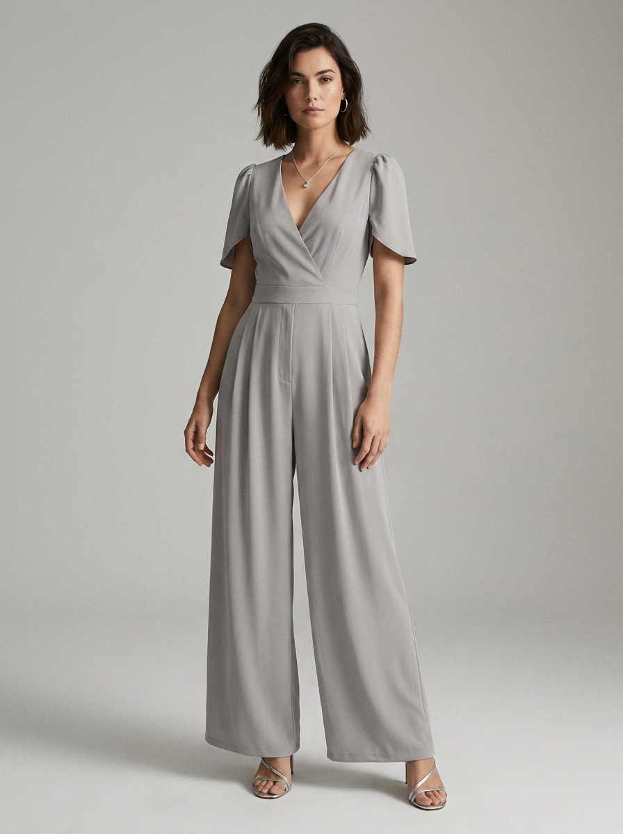 V-Neck Puff Sleeve Wide Leg Jumpsuit with Pockets in Grey, front view (1 of 2)