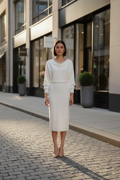 A woman stands in a studio wearing a cream-colored knit dress with a draped neckline, long sleeves, and a knee-length skirt. She is wearing nude heels against a clean, light gray background.