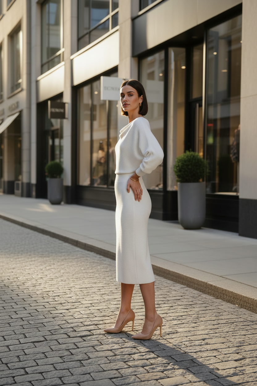 A woman stands on a cobblestone street wearing a white long-sleeve midi dress with a cowl neck and a matching white skirt. The background shows a modern city street with storefronts and potted plants.