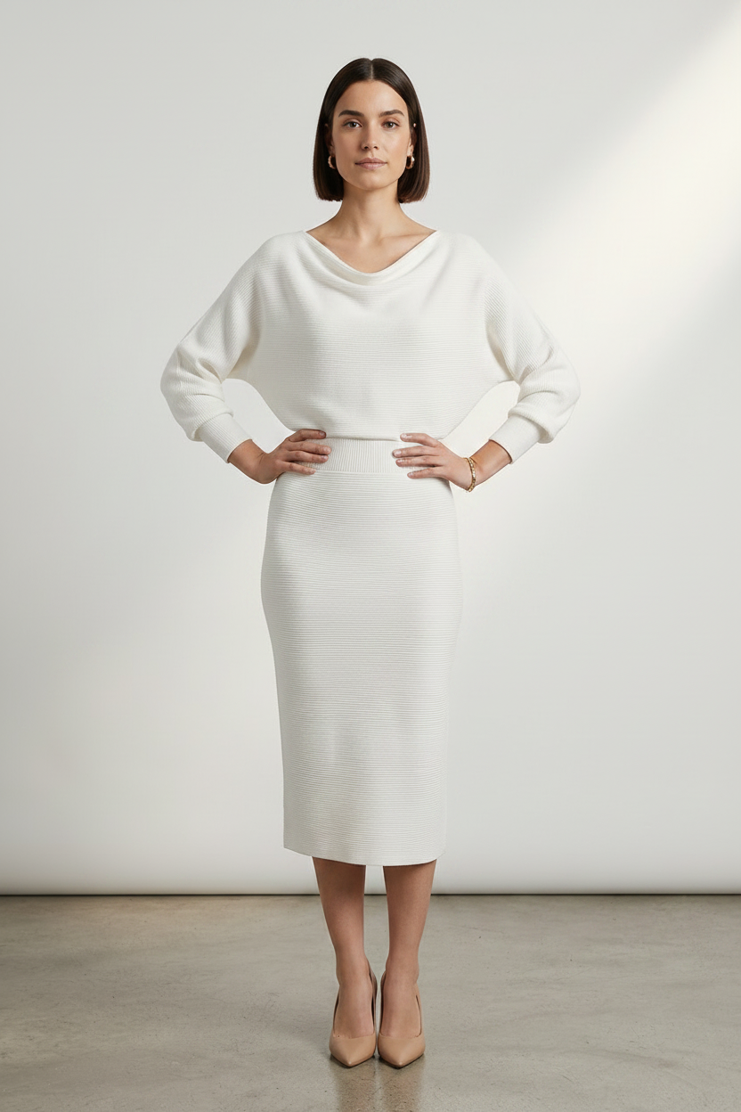 A woman stands in a studio wearing a cream-colored knit dress with a draped neckline, long sleeves, and a knee-length skirt. She is wearing nude heels against a clean, light gray background.