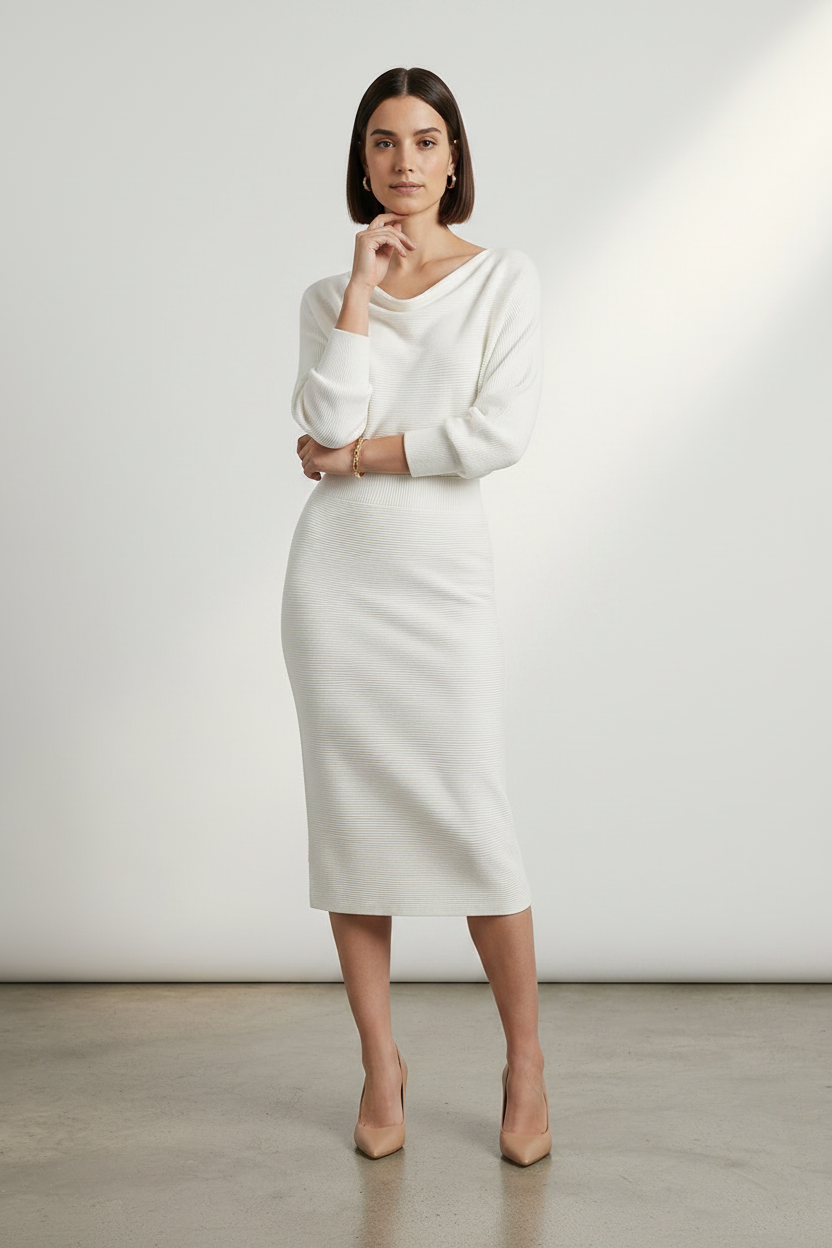 A woman stands in a studio wearing a cream-colored knit dress with a draped neckline, long sleeves, and a knee-length skirt. She is wearing nude heels against a clean, light gray background.