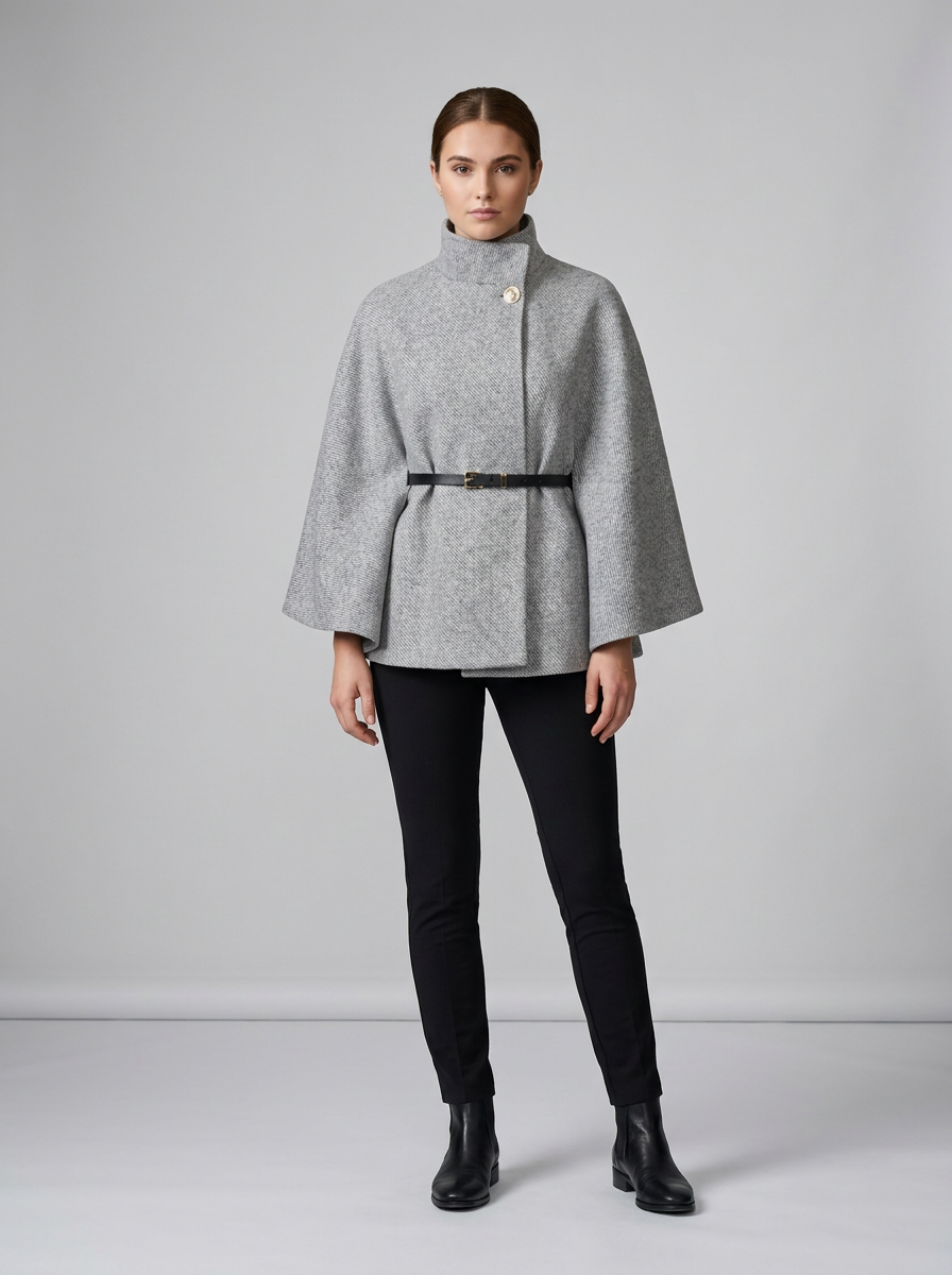 A model stands against a light gray studio background wearing a light gray high-neck cape jacket with a thin black belt, paired with black pants and black ankle boots.