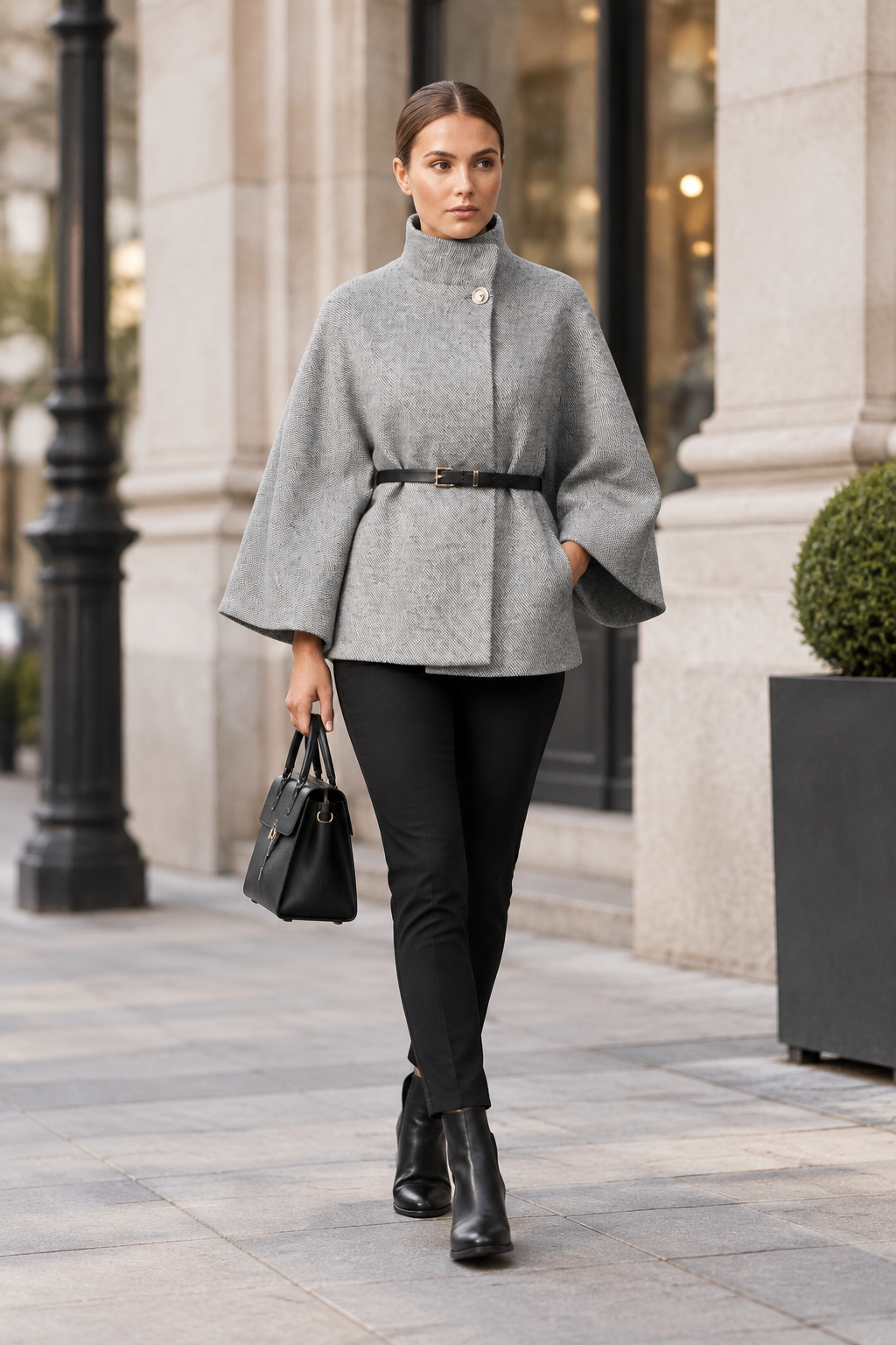 A woman walks on a city sidewalk wearing a light gray high-neck cape-style coat with wide flared sleeves and a thin black belt, paired with black pants and black ankle boots. She carries a black handbag.