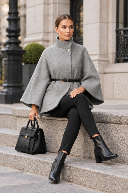 A woman sits on stone steps wearing a gray high-neck cape-style coat with wide sleeves, black pants, and black ankle boots, while holding a structured black handbag.