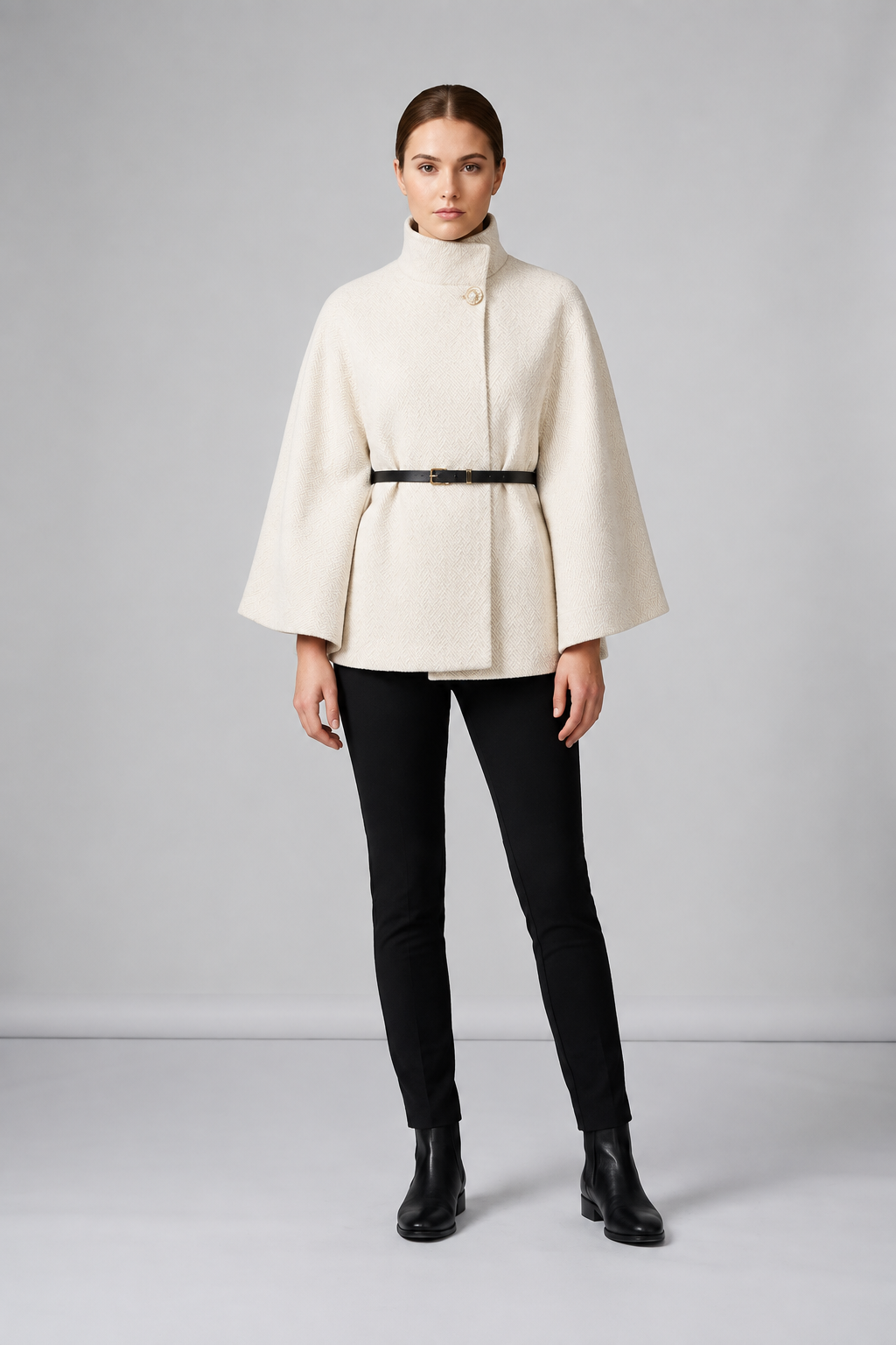 Belted Batwing Sleeve Poncho Coat with Funnel Neck in Khaki, studio shot