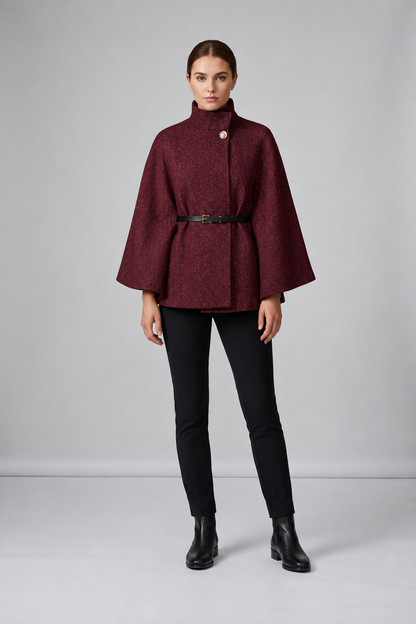Belted Batwing Sleeve Poncho Coat with Funnel Neck in Wine Red, studio shot