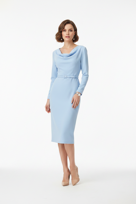A woman models a light blue long-sleeve cowl-neck midi dress with a matching belt, paired with beige heels, against a plain white studio background.