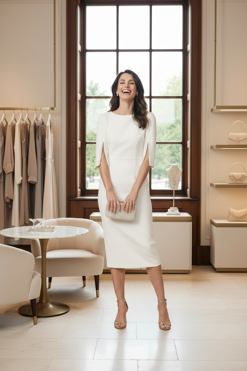 A woman stands in a boutique wearing a fitted white knee-length dress with elbow-length sleeves and sheer lace-up cuffs. The boutique has cream furniture, a large window, and shelves displaying handbags and jewelry.
