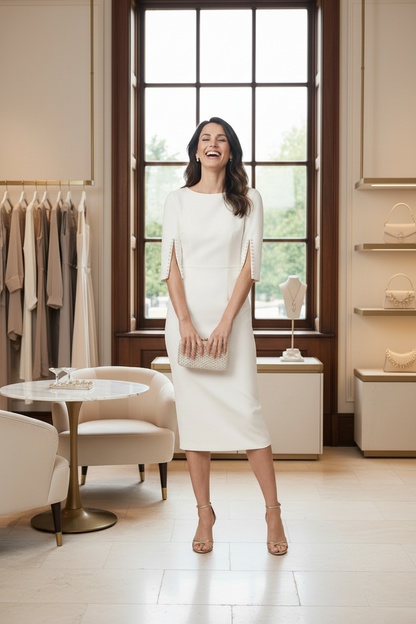 A woman stands in a boutique wearing a fitted white knee-length dress with elbow-length sleeves and sheer lace-up cuffs. The boutique has cream furniture, a large window, and shelves displaying handbags and jewelry.