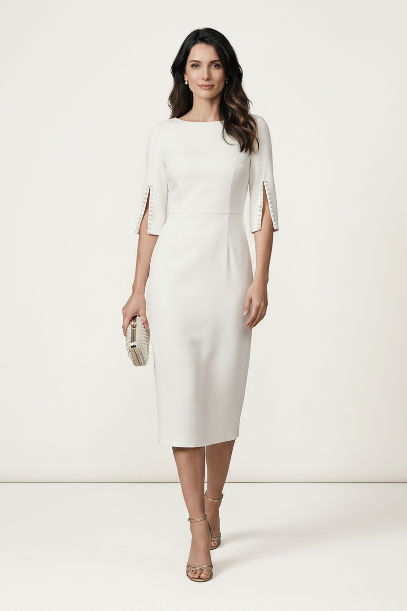 A woman models a white knee-length sheath dress with elbow-length sleeves featuring cutout details on the sides, styled with a small metallic clutch and nude high-heeled sandals against a plain off-white studio background.