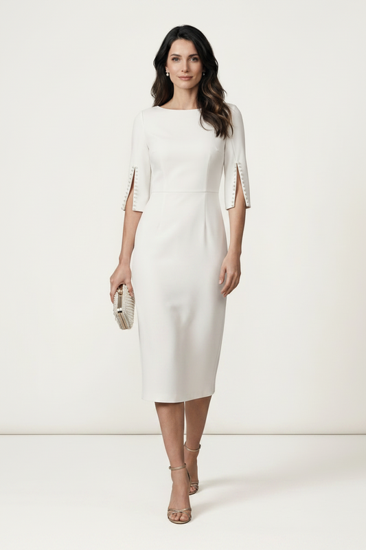 A woman models a white knee-length sheath dress with elbow-length sleeves featuring cutout details on the sides, styled with a small metallic clutch and nude high-heeled sandals against a plain off-white studio background.