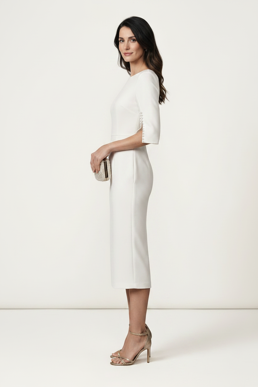 A woman models a white knee-length sheath dress with elbow-length sleeves featuring cutout details on the sides, styled with a small metallic clutch and nude high-heeled sandals against a plain off-white studio background.