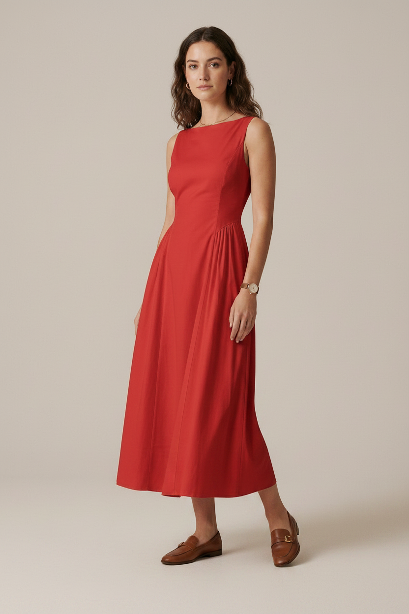 A woman modeling a sleeveless red midi dress with a boat neckline and gathered waist, paired with brown loafers, against a plain beige studio background.