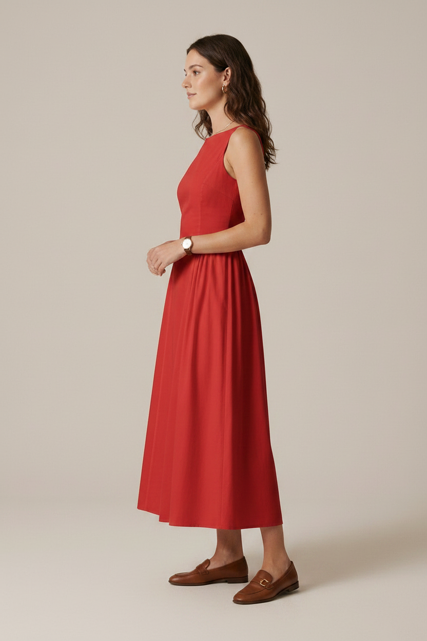 A woman modeling a sleeveless red midi dress with a boat neckline and gathered waist, paired with brown loafers, against a plain beige studio background.
